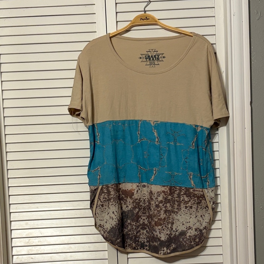 Crazy Train  Beige and Blue Patchwork Short Sleeve Top